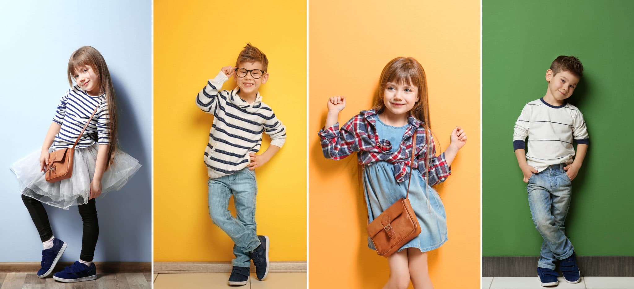 Collage,Of,Stylish,Cute,Kids,Posing,On,Color,Background